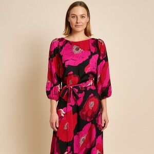 Talbots Floral Print Belted‎ Midi Dress Women's Size 2 Black Pink Red Flowers